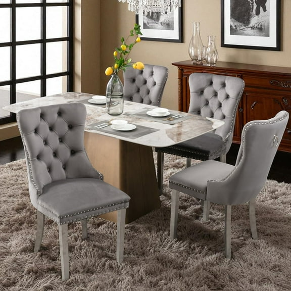 JESTOP Velvet Upholstered Nailhead Dining Chair Set of 2, Kitchen & Dining Room Chairs, Tufted Dining Chairs, Stainless Steel Plating Legs