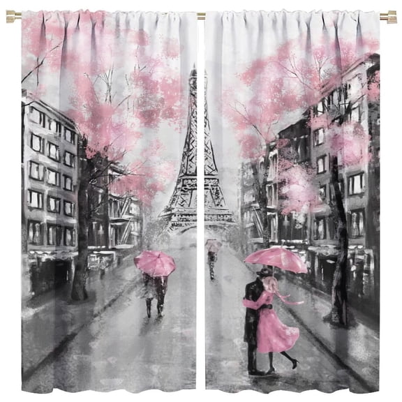 JESTRONRY City Landscape Bedroom Curtains,Paris Oil Painting Eiffel Tower Pink Girls Valentine's Day Theme Rod Pocket Window Drapes 2 Panel Set for Living Room Bedroom Kitchen Cafe W42xL45in C113