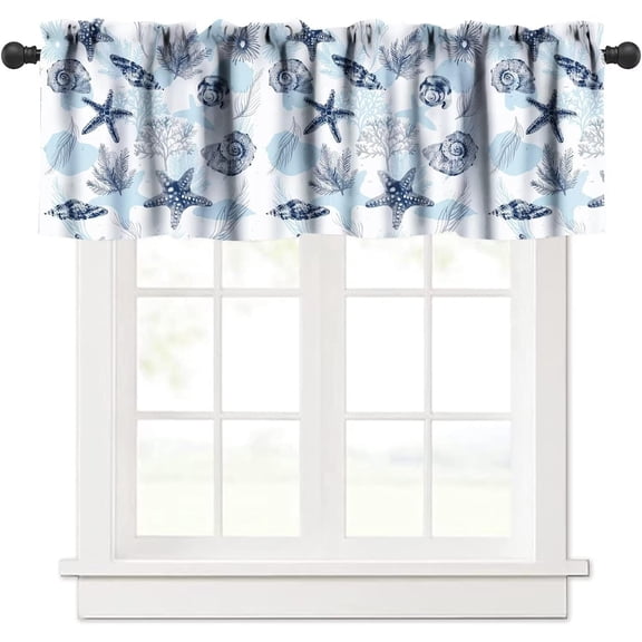 Ocean Theme Curtain Valance,Blue & White Beach Sea Starfish Seashell Print Pattern,Kitchen Bedroom Dining Room Window Valances with Rod Pocket