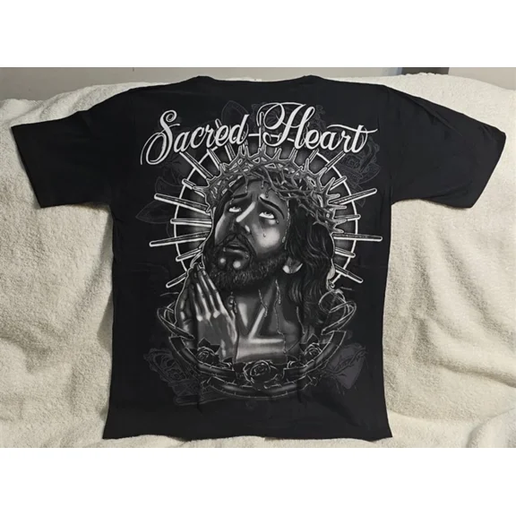 JESUS CHRIST SACRED HEART CROWN OF THORNS ROSE FLOWER PRAY GOD T-SHIRT