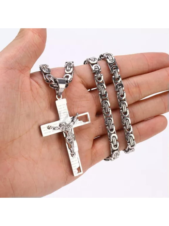 JESUS Cross Stainless Steel Christ Cross Necklace Mens Crucifix Metal Pendant