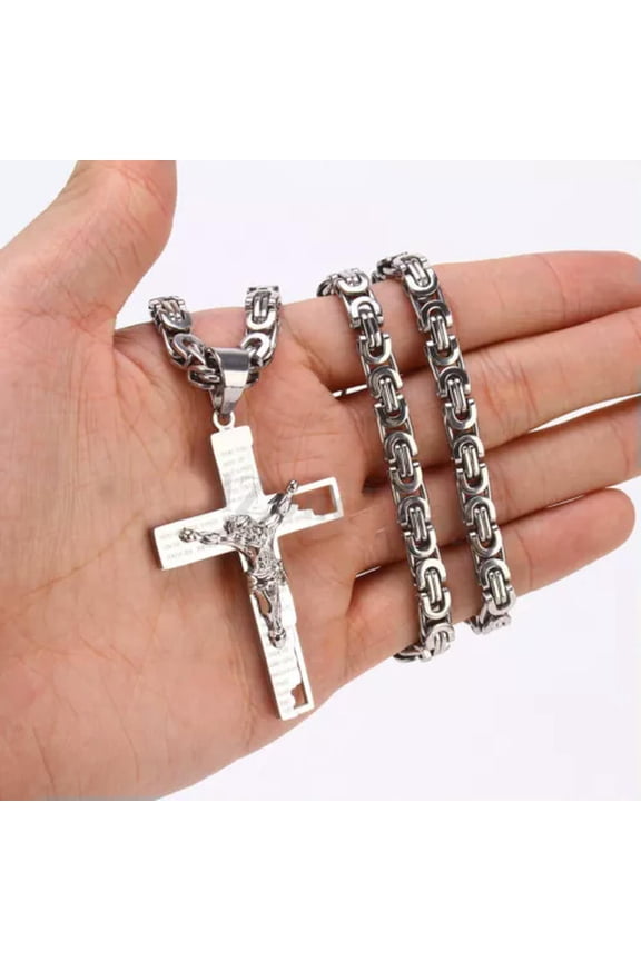 JESUS Cross Stainless Steel Christ Cross Necklace Mens Crucifix Metal Pendant