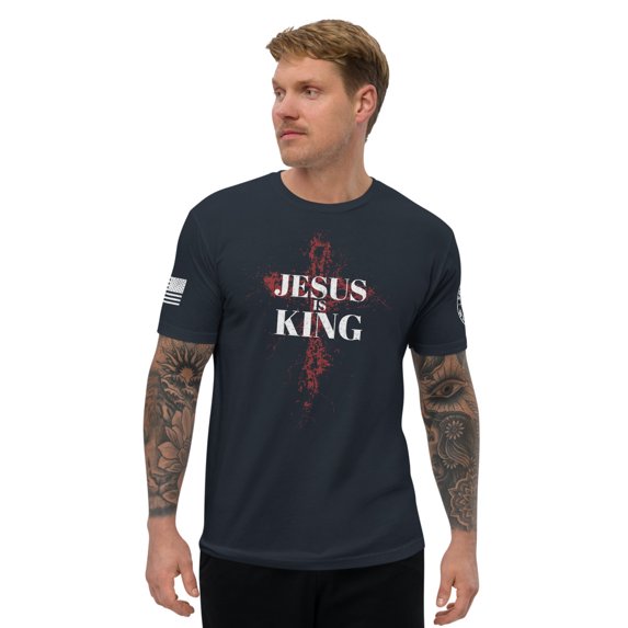 JESUS IS KING Fitted mens T-shirt (Midnight Navy, XL)