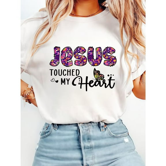 JESUS Touched My Heart Print Tshirts Inspirational Floral Christian Graphic Tees Short Sleeve Cotton Flower Shirts Casual Tops for Daily Outfits White,S