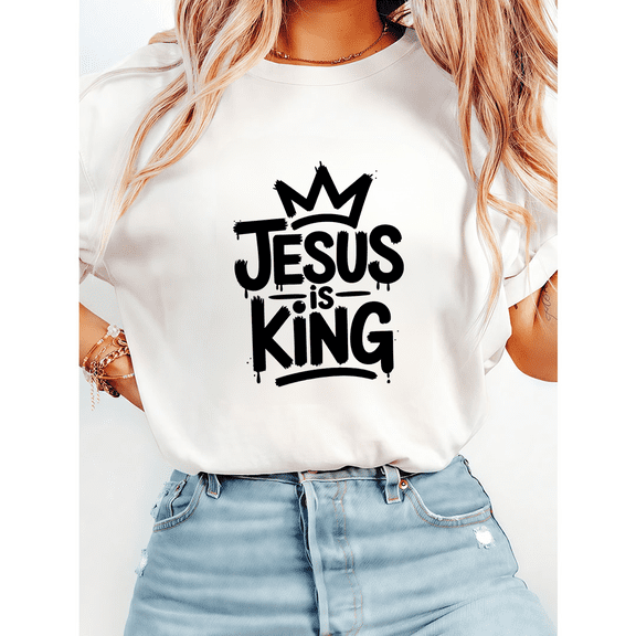 JESUS is KING & Crown Graphic Tees for Women & Men Christian Faith Tshirts Casual Short Sleeve Shirts Trendy Tops for Daily Outfits White,L
