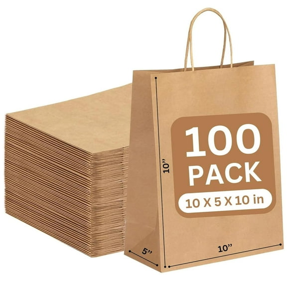 JET PAPER BAGS - 10”x5”x10” Inch [100 Pcs] Brown Paper Bags with Handles Prime for Takeout, Grocery, Goody, Retail, Party, Gifts, Weddings - Recyclable Kraft Paper Gift Bags with Handles