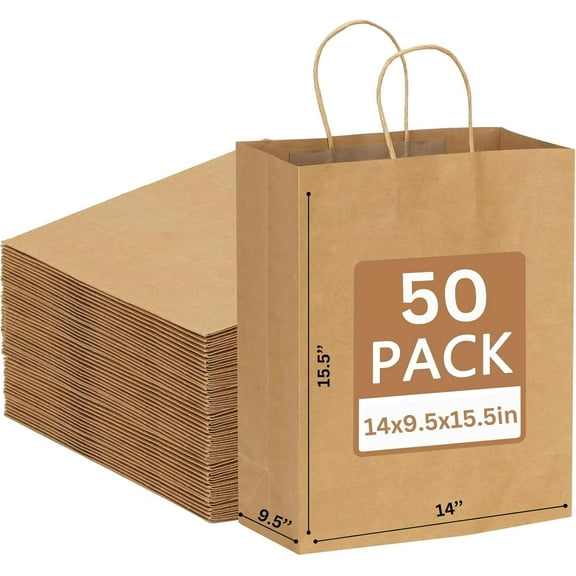 JET PAPER BAGS - 14”x9.5”x15.5” Inch [50 Pcs] Large Brown Paper Bags with Handles Prime for Takeout, Grocery, Goody, Retail, Party, Gifts, Weddings - Recyclable Kraft Paper Gift Bags with Handles