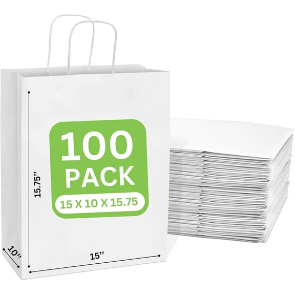 JET PAPER BAGS - 15”x10”x15.75” [100 Pcs] Large White Paper Bags with Handles Prime for Takeout, Grocery, Goody, Retail, Party, Gifts, Weddings - Recyclable Kraft Paper Gift Bags with Handles