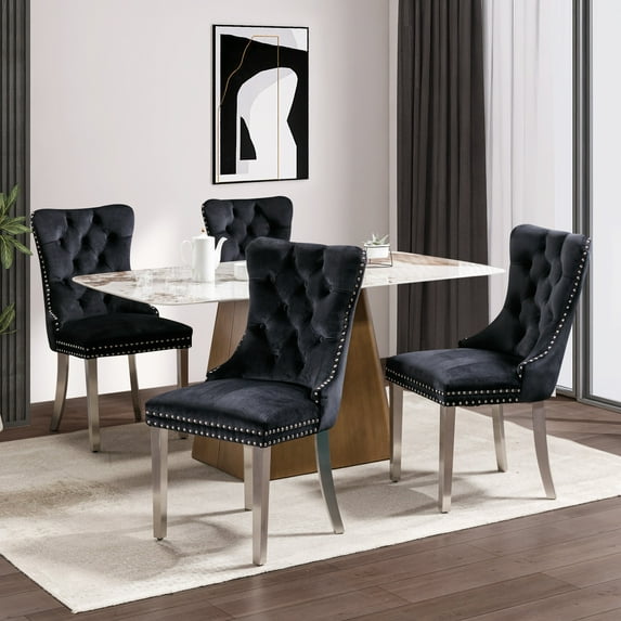 JETEAGO Velvet Dining Chair Set of 4, Upholstered Tufted Dining Room Chair with Nailhead Trim and Stainless Steel Silver Plated Leg for Kitchen, Black
