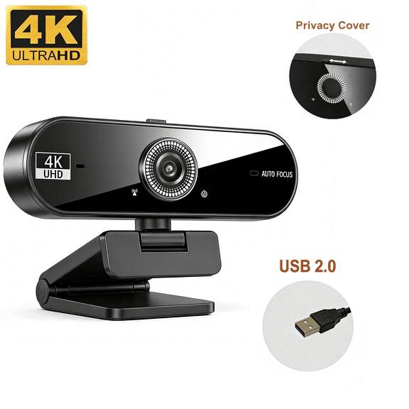 JETO W08 4K USB Webcam, 30fps Camera with Autofocus, Hidden Privacy Shutter, Noise-Reducing Mic, Auto Exposure for Meetings and Home Office