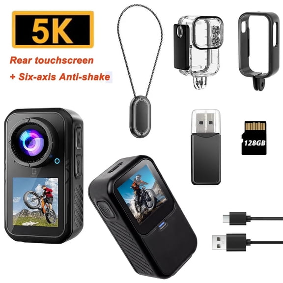 JETO 5K Mini Action Camera with EIS Stabilization Dual Touchscreen 40m Waterproof Case WiFi Microphone Black 128GB