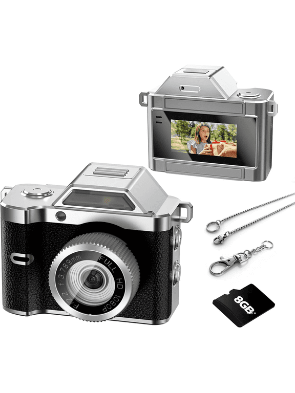 Black Retro Kids Digital Camera Keychain with 8GB Card, Compact Pocket Camera for Travel
