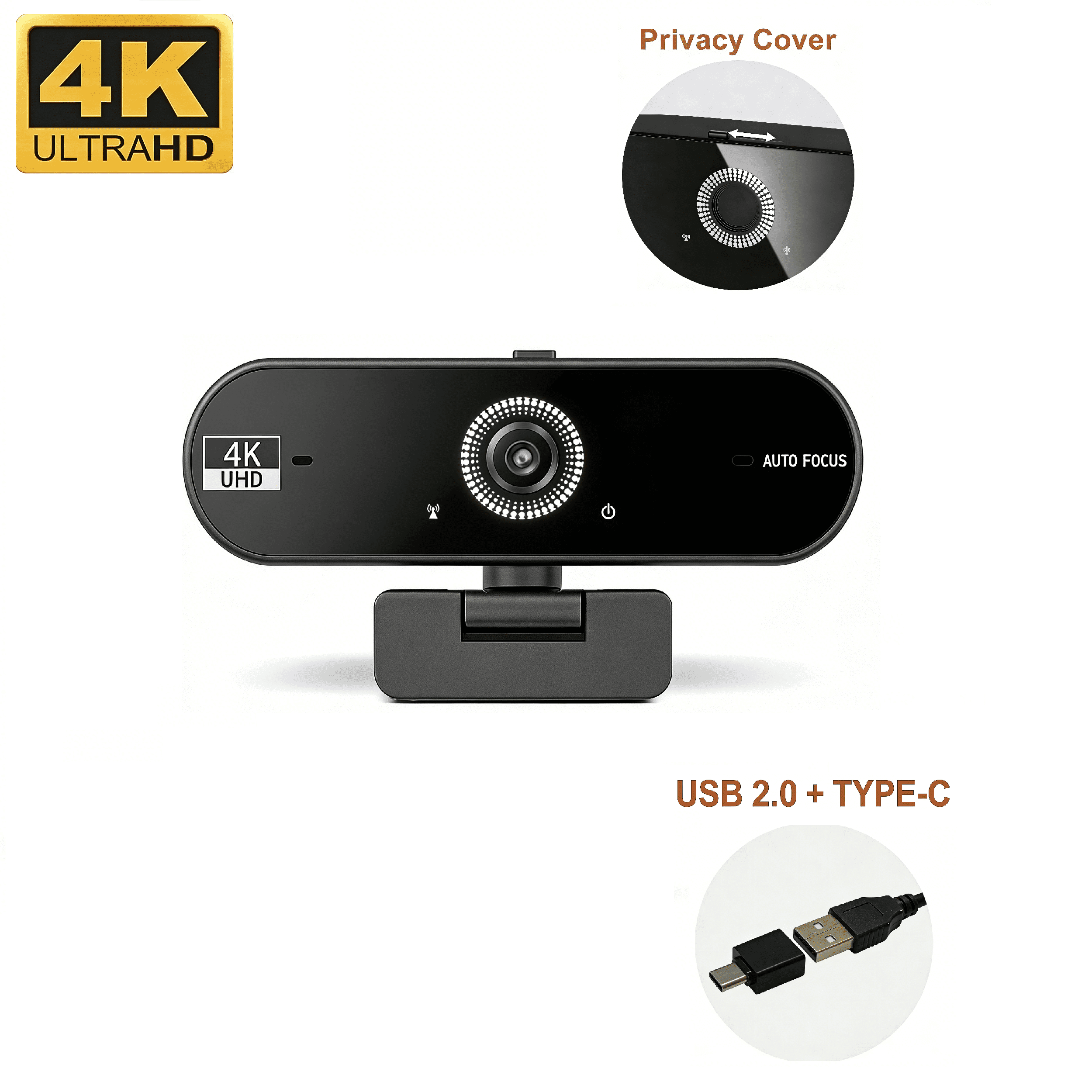 JETO W08 1-Pack 4K Web Camera, 30fps Autofocus Camera with Hidden Privacy Shutter, USB 2.0, Type-C Adapter for Work, Study and Streaming