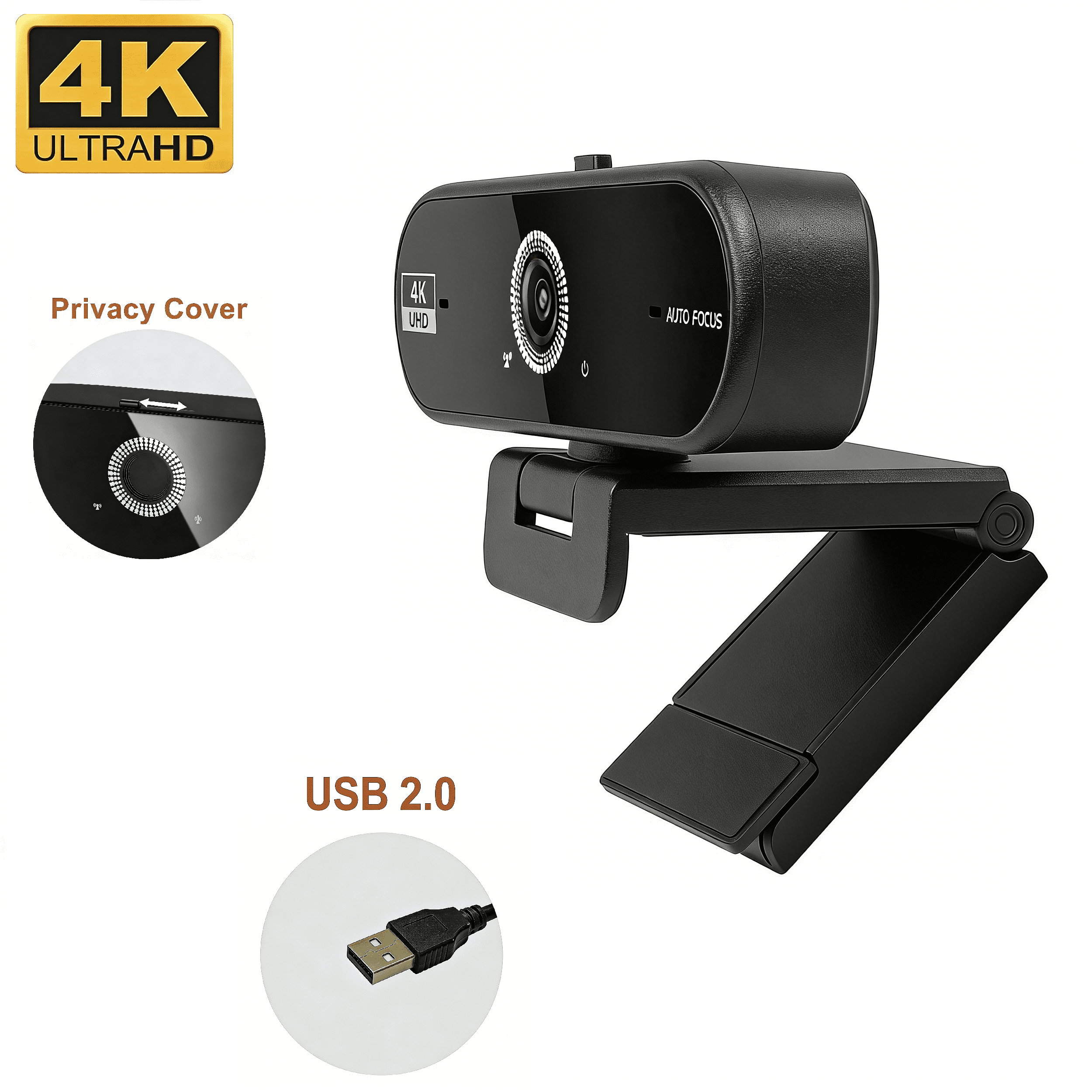 JETO W08 1-Pack 4K Webcam, 30fps Camera with Autofocus, Hidden Privacy Shutter, Noise-Reducing Mic, USB Plug and Play for Streaming and Conferencing