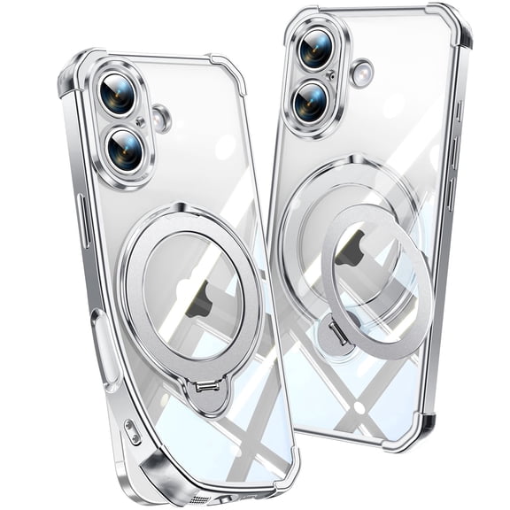 JETeacka 360° Magnetic Ring Case, Clear Electroplated, MagSafe Compatible, Camera Protector, iPhone 17, Silver