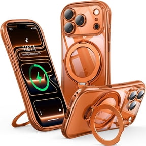 JETeacka 360° Spin Magnetic Stand for iPhone 17 Pro Max Case [Full Camera Protection] [Anti-Yellowing] Shockproof Protective Kickstand Plating TPU Cover for 17 Pro Max 6.9", Orange