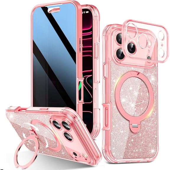 JETeacka Glitter Magnetic Ring Stand Case for iPhone 17 Pro Max , 360° Rotatable Kickstand, Shockproof Protective Cover, MagSafe Compatible, Bling Sparkly Phone Case for (Pink)