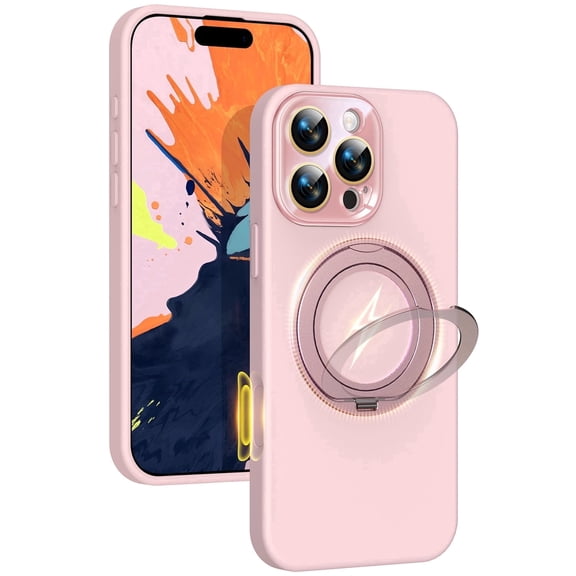 JETeacka Liquid Silicone Case, 360° Spin Magnetic Ring Kickstand, Compatible with iPhone 16 Pro Max, Pink