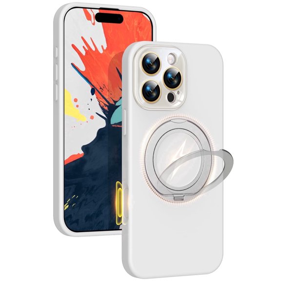 JETeacka Liquid Silicone Case, 360° Spin Magnetic Ring Kickstand, Compatible with iPhone 16 Pro Max, White