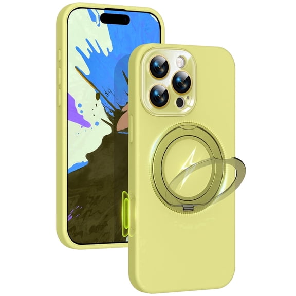JETeacka Liquid Silicone Case, 360° Spin Magnetic Ring Kickstand, Compatible with iPhone 16 Pro Max, Yellow