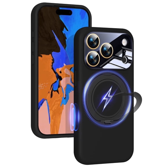 JETeacka Liquid Silicone Case, 360° Spin Magnetic Ring Kickstand, Compatible with iPhone 17 Pro Max, Black