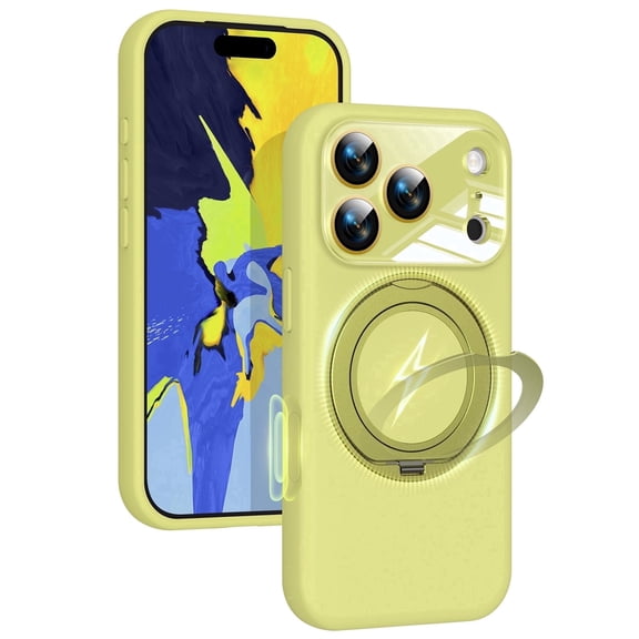 JETeacka Liquid Silicone Case, 360° Spin Magnetic Ring Kickstand, Compatible with iPhone 17 Pro Max, Yellow
