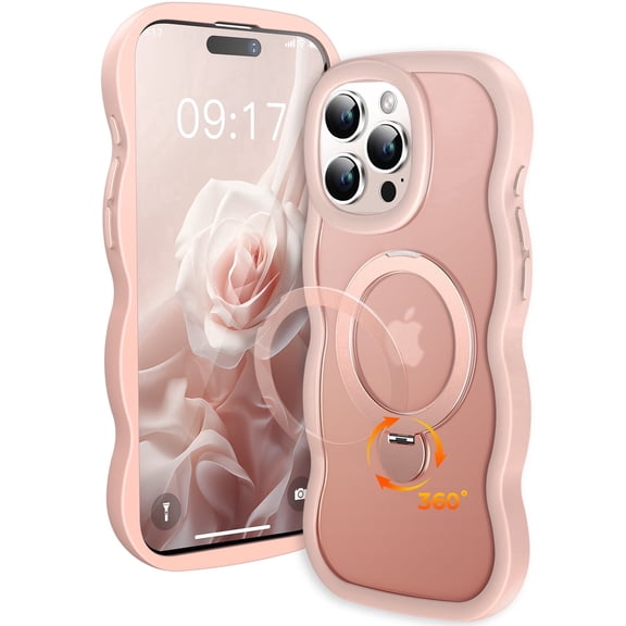 JETeacka Wavy Edge 360° Rotatable Magnetic Stand for iPhone 16 Pro Max Case Pink Protective Cover with Kickstand