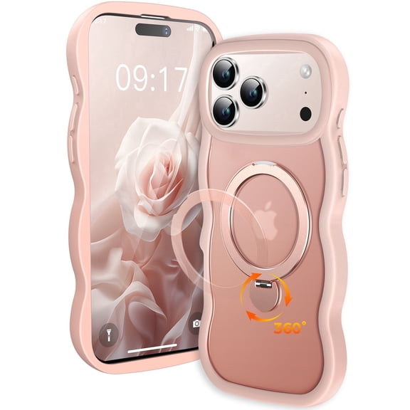 JETeacka Wavy Edge 360° Rotatable Magnetic Stand for iPhone 17 Pro Max Case Pink Protective Cover with Kickstand