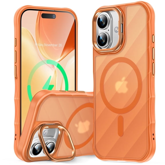 JETeacka Wavy Edge Magnetic Camera Stand for iPhone 16 Case, Orange Protective Cover with Lens Kickstand