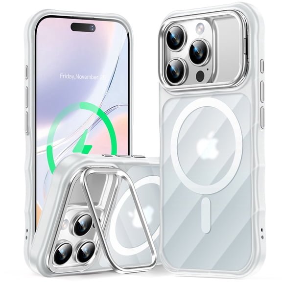 JETeacka Wavy Edge Magnetic Camera Stand for iPhone 16 Pro Case, White Protective Cover with Lens Kickstand