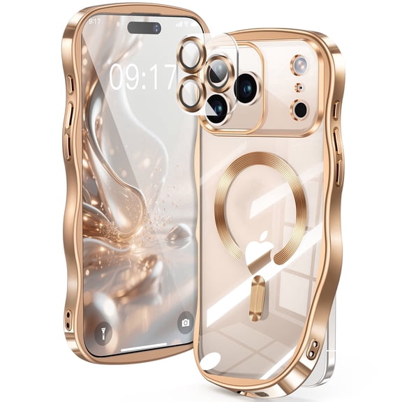 JETeacka Wavy Frame Magnetic iPhone 17 Pro Case with Built-in Camera Protector, Gold