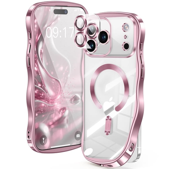 JETeacka Wavy Frame Magnetic iPhone 17 Pro Max Case with Built-in Camera Protector, Pink