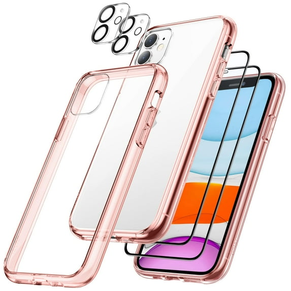 JETech 3 in 1 Case for iPhone 11 6.1-Inch, with 2-Pack Screen Protector and 2-Pack Camera Lens Protector, Full Coverage Tempered Glass Film, Shockproof Bumper Phone Cover (Rose Gold)