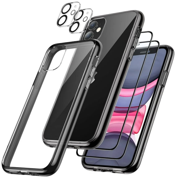 JETech 3 in 1 Case for iPhone 11 6.1-Inch, with 2-Pack Screen Protector and 2-Pack Camera Lens Protector, Full Coverage Tempered Glass Film, Shockproof Bumper Phone Cover (Black)