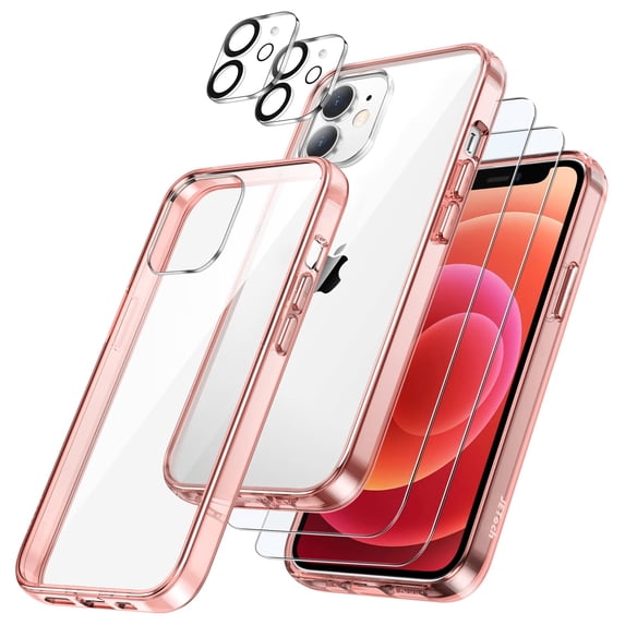 JETech 3 in 1 Case for iPhone 12 Mini 5.4-Inch, with 2-Pack Screen Protector and 2-Pack Camera Lens Protector, Full Coverage Tempered Glass Film, Shockproof Bumper Phone Cover (Rose Gold)