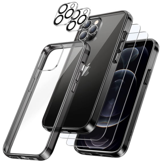 JETech 3 in 1 Case for iPhone 12 Pro 6.1-Inch, with 2-Pack Screen Protector and 2-Pack Camera Lens Protector, Full Coverage Tempered Glass Film, Shockproof Bumper Phone Cover (Black)