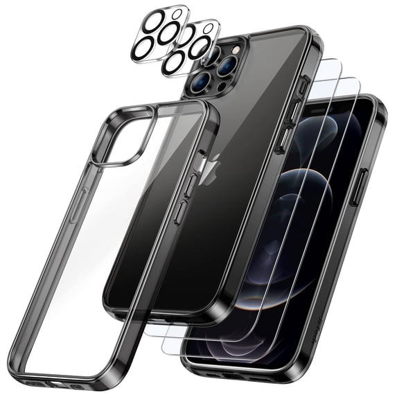 JETech 3 in 1 Case for iPhone 12 Pro Max 6.7-Inch, with 2-Pack Screen Protector and 2-Pack Camera Lens Protector, Full Coverage Tempered Glass Film, Shockproof Bumper Phone Cover (Black)