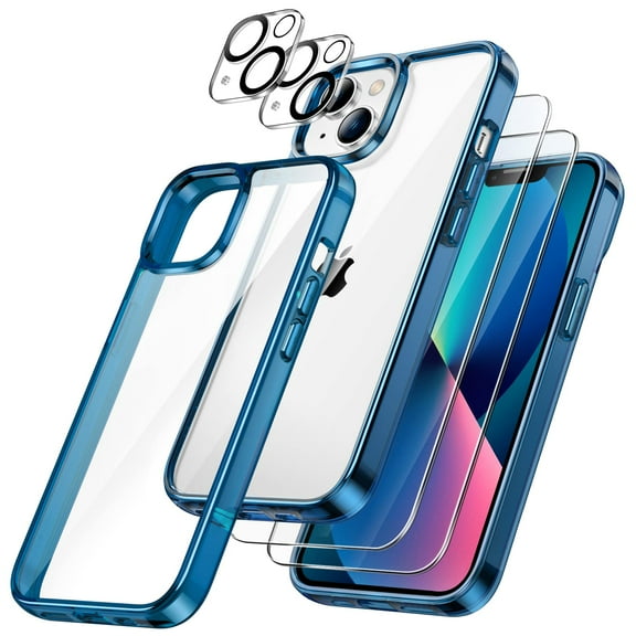 JETech 3 in 1 Case for iPhone 13 6.1-Inch, with 2-Pack Screen Protector and 2-Pack Camera Lens Protector, Full Coverage Tempered Glass Film, Shockproof Bumper Phone Cover (Navy)