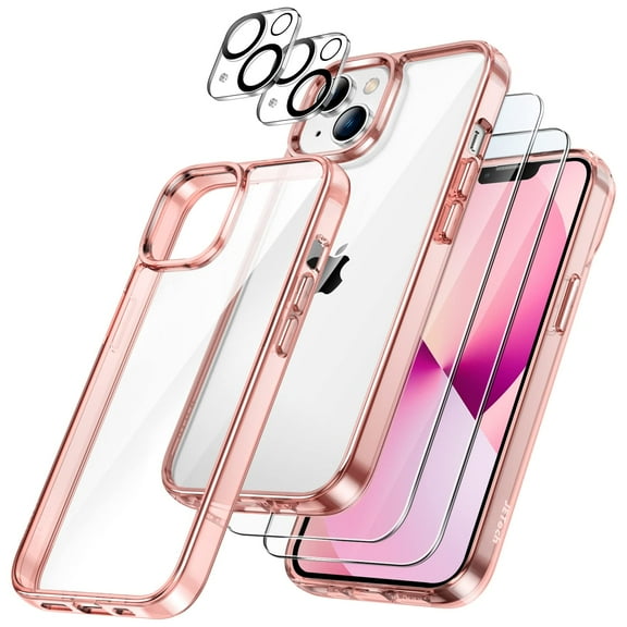 JETech 3 in 1 Case for iPhone 13 6.1-Inch, with 2-Pack Screen Protector and 2-Pack Camera Lens Protector, Full Coverage Tempered Glass Film, Shockproof Bumper Phone Cover (Rose Gold)