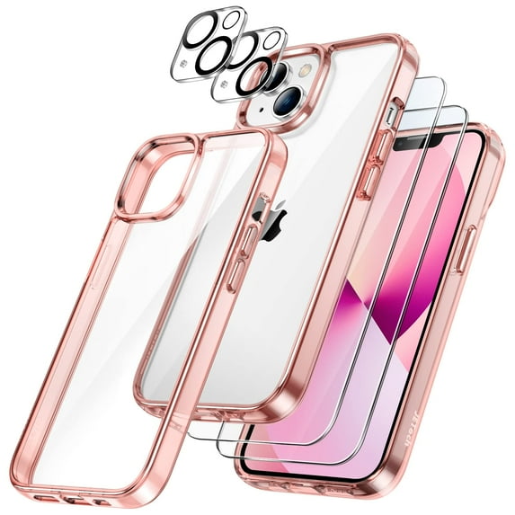 JETech 3 in 1 Case for iPhone 13 6.1-Inch, with 2-Pack Screen Protector and 2-Pack Camera Lens Protector, Full Coverage Tempered Glass Film, Shockproof Bumper Phone Cover (Rose Gold)