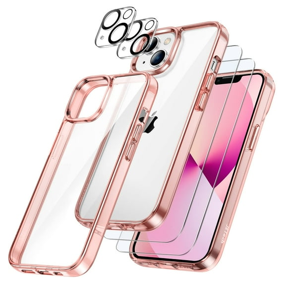JETech 3 in 1 Case for iPhone 13 Mini 5.4-Inch, with 2-Pack Screen Protector and 2-Pack Camera Lens Protector, Full Coverage Tempered Glass Film, Shockproof Bumper Phone Cover (Rose Gold)