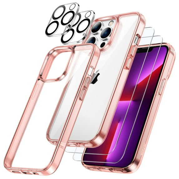 JETech 3 in 1 Case for iPhone 13 Pro Max 6.7-Inch, with 2-Pack Screen Protector and 2-Pack Camera Lens Protector, Full Coverage Tempered Glass Film, Shockproof Bumper Phone Cover (Rose Gold)