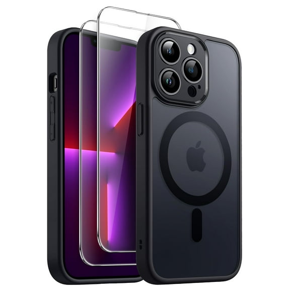 JETech 3 in 1 Magnetic Case for iPhone 13 Pro 6.1-Inch with 2-Pack Tempered Glass Screen Protector, Compatible with MagSafe, Translucent Matte Back Shockproof Phone Cover (Black)