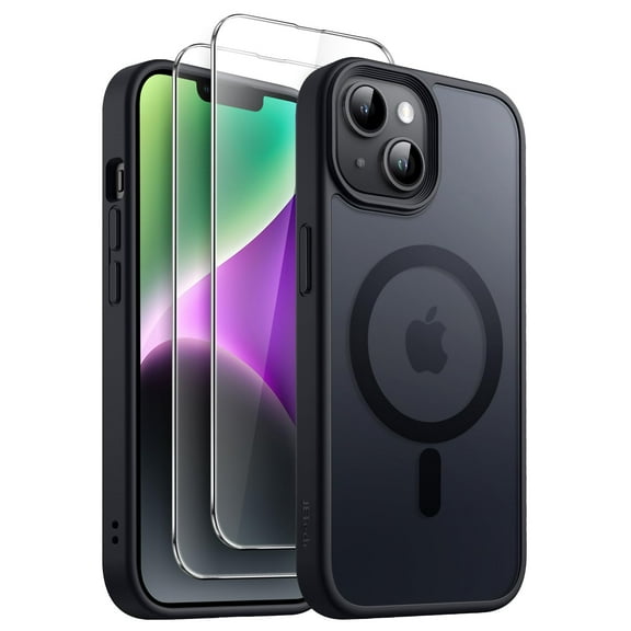 JETech 3 in 1 Magnetic Case for iPhone 14 6.1-Inch with 2-Pack Tempered Glass Screen Protector, Compatible with MagSafe, Translucent Matte Back Shockproof Phone Cover (Black)