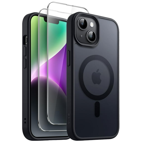 JETech 3 in 1 Magnetic Case for iPhone 14 Plus 6.7-Inch with 2 Pack Tempered Glass Screen Protectors, Compatible with MagSafe, Translucent Matte Back Shockproof Phone Cover (Black)