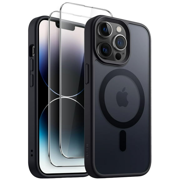 JETech 3 in 1 Magnetic Case for iPhone 14 Pro Max 6.7-Inch with 2 Pack Tempered Glass Screen Protectors, Compatible with MagSafe, Translucent Matte Back Shockproof Phone Cover (Black)