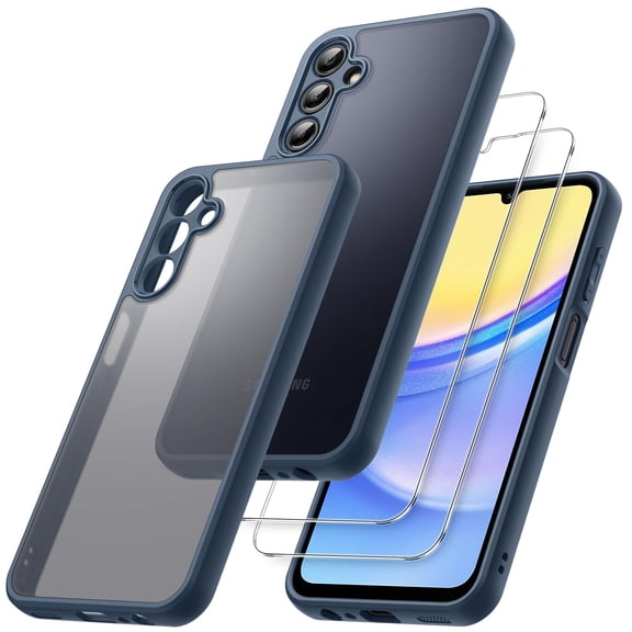 JETech 3 in 1 Matte Case for Samsung Galaxy A15 5G / 4G 6.5-Inch with 2-Pack Tempered Glass Screen Protector, Translucent Frosted Shockproof Phone Cover with Camera Protection (Navy)