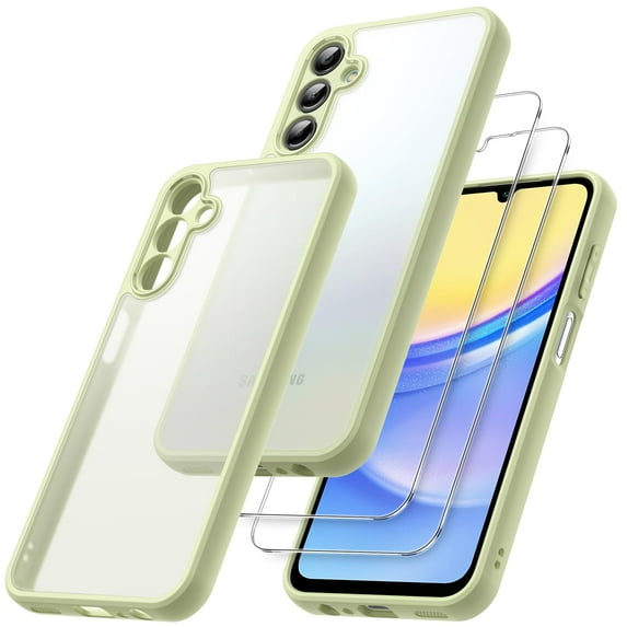 JETech 3 in 1 Matte Case for Samsung Galaxy A15 5G / 4G 6.5-Inch with 2-Pack Tempered Glass Screen Protector, Translucent Frosted Shockproof Phone Cover with Camera Protection (Lime)