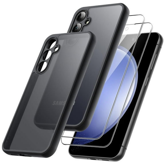 JETech 3 in 1 Matte Case for Samsung Galaxy S23 FE 6.4-Inch with 2-Pack Tempered Glass Screen Protector, Translucent Frosted Shockproof Phone Cover with Camera Protection (Black)