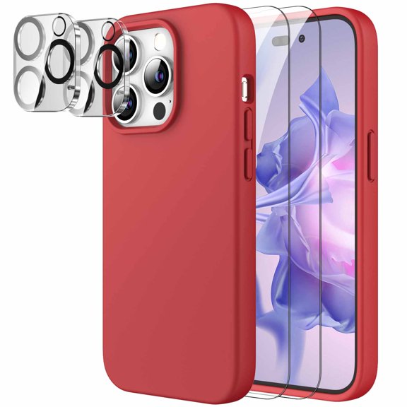 JETech [3 in 1] Silicone Case for iPhone 14 Pro Max 6.7-Inch, with 2-Pack Screen Protector and 2-Pack Camera Lens Protector, Full Coverage Tempered Glass Film, Shockproof Phone Cover (Red)